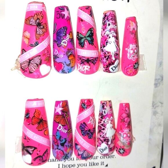 Hand crafted custom print 10pc short acrylic press on nails sz large - Picture 1 of 6